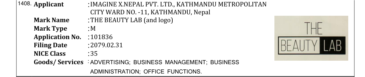 Original bulletin entry for THE BEAUTY LAB (and logo)