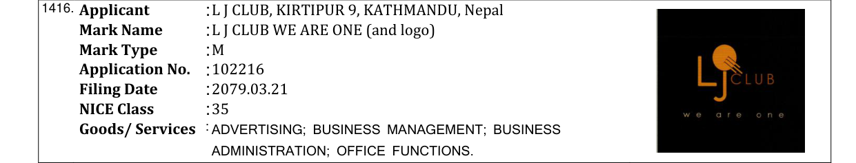 Original bulletin entry for L J CLUB WE ARE ONE (and logo)