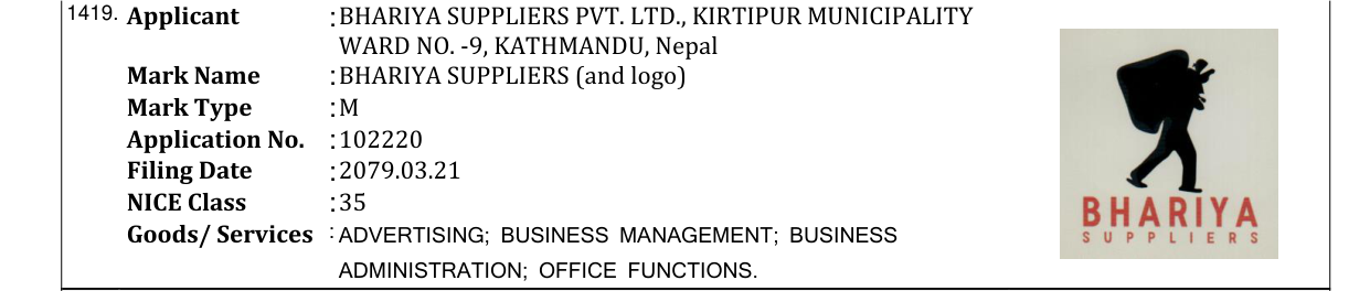 Original bulletin entry for BHARIYA SUPPLIERS (and logo)