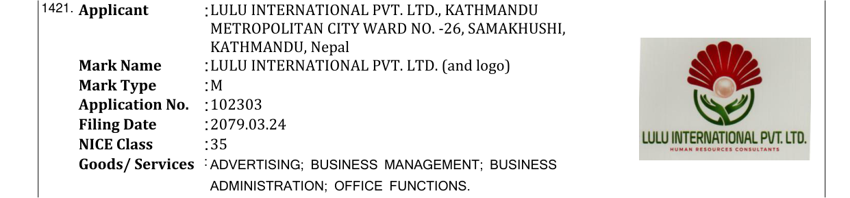 Original bulletin entry for LULU INTERNATIONAL PVT. LTD. (and logo)