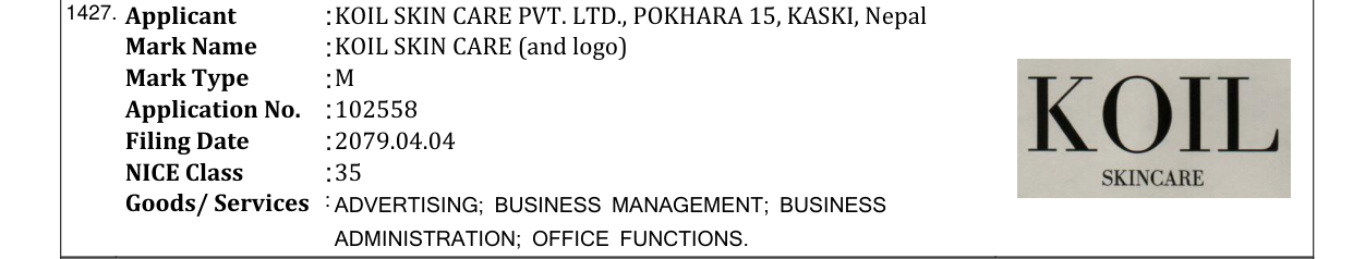 Original bulletin entry for KOIL SKIN CARE (and logo)