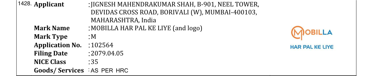 Original bulletin entry for MOBILLA HAR PAL KE LIYE (and logo)