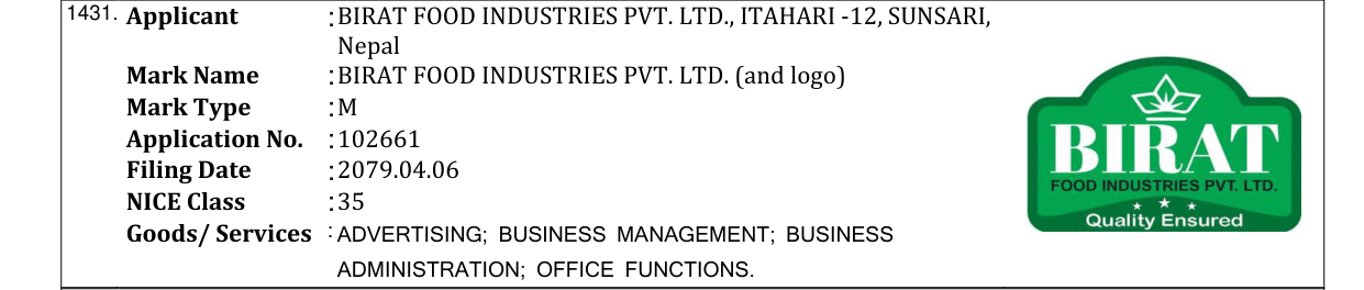 Original bulletin entry for BIRAT FOOD INDUSTRIES PVT. LTD. (and logo)
