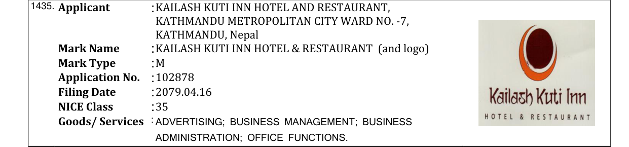 Original bulletin entry for KAILASH KUTI INN HOTEL & RESTAURANT (and logo)