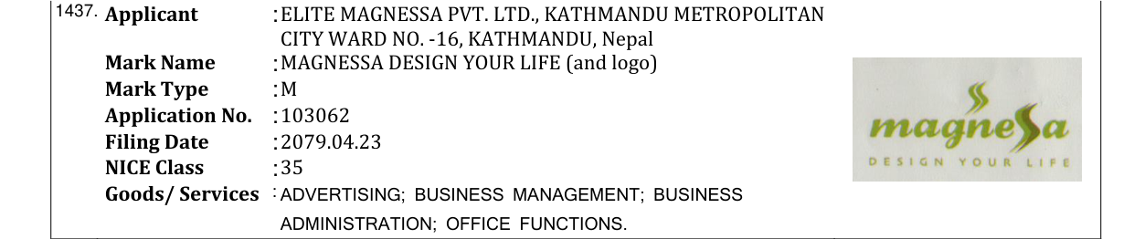 Original bulletin entry for MAGNESSA DESIGN YOUR LIFE (and logo)