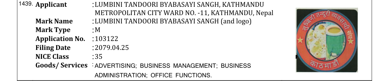 Original bulletin entry for LUMBINI TANDOORI BYABASAYI SANGH (and logo)