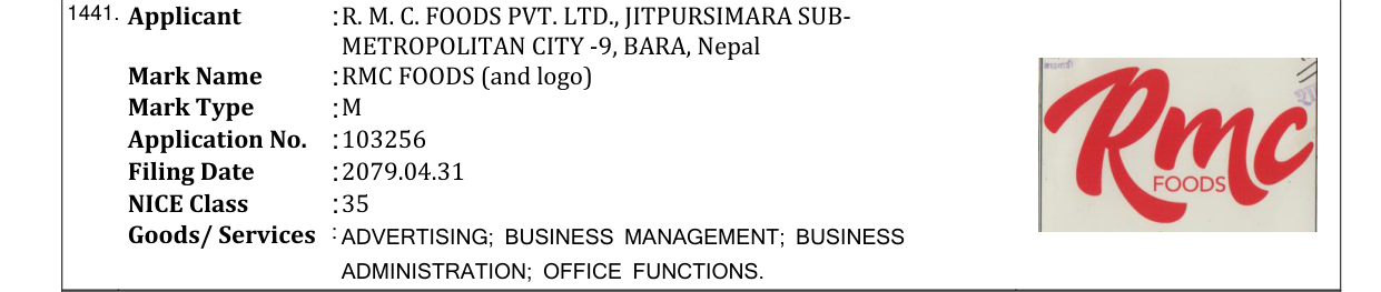 Original bulletin entry for RMC FOODS (and logo)