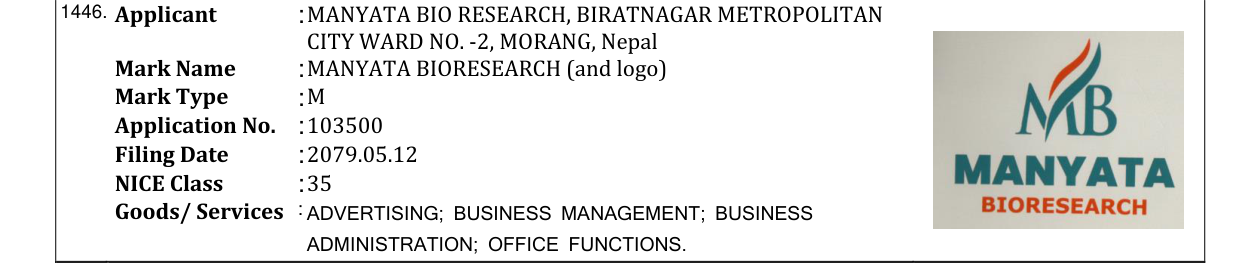 Original bulletin entry for MANYATA BIORESEARCH (and logo)