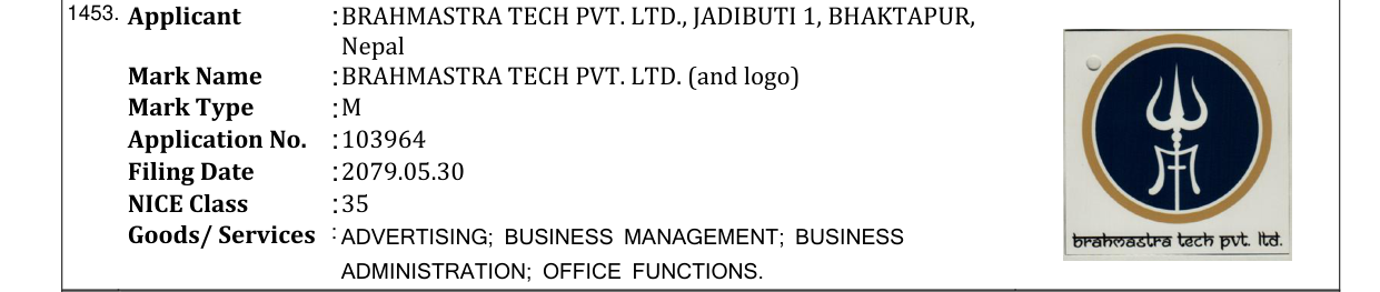 Original bulletin entry for BRAHMASTRA TECH PVT. LTD. (and logo)