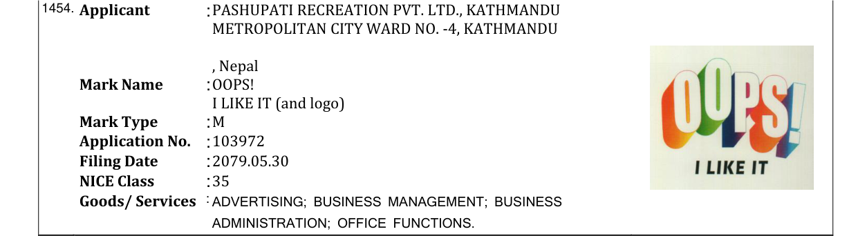 Original bulletin entry for OOPS! I LIKE IT (and logo)