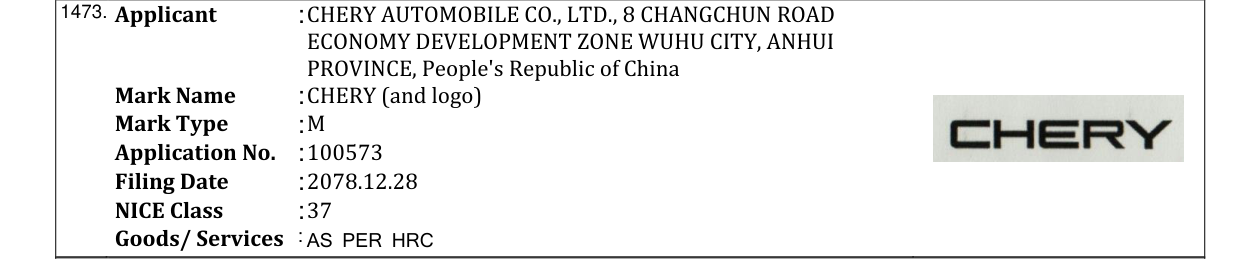 Original bulletin entry for CHERY (and logo)