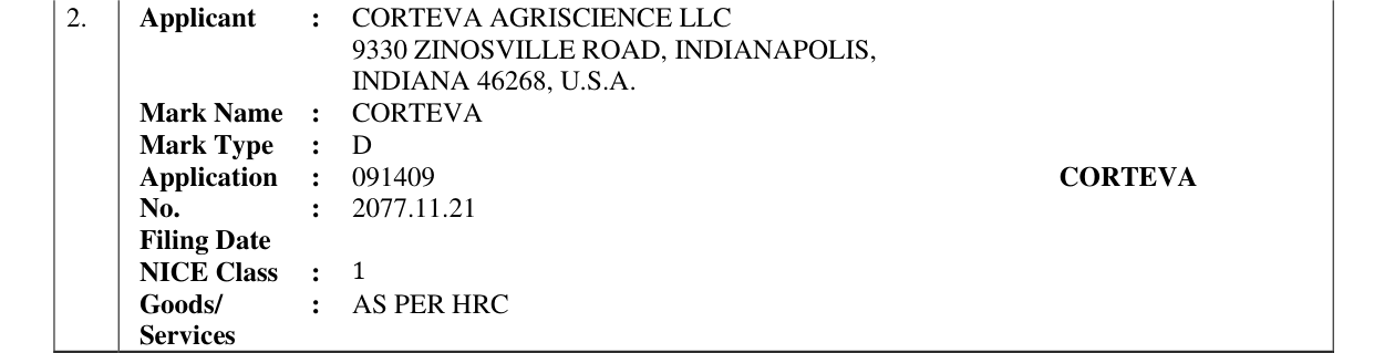 Original bulletin entry for CORTEVA