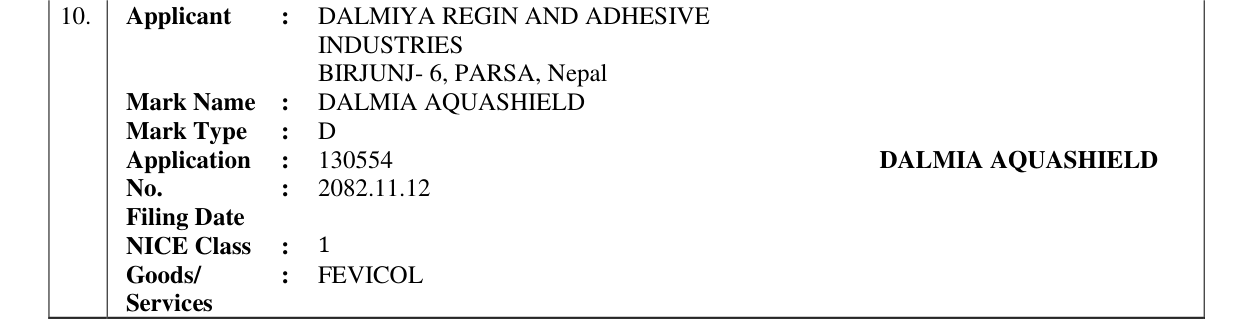 Original bulletin entry for DALMIA AQUASHIELD