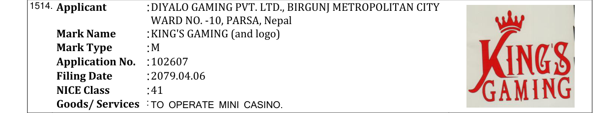 Original bulletin entry for KING'S GAMING (and logo)