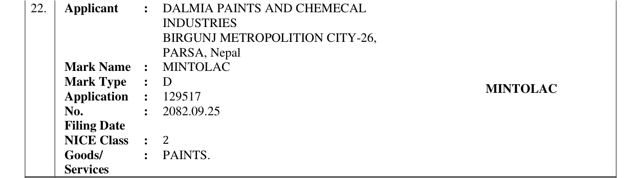 Original bulletin entry for MINTOLAC