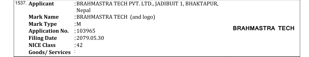 Original bulletin entry for BRAHMASTRA TECH (and logo)