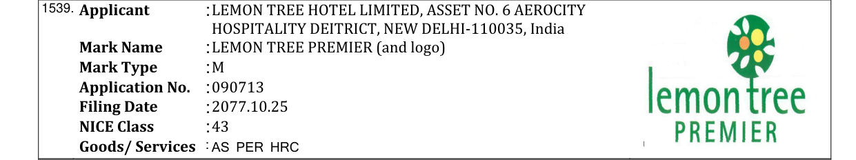 Original bulletin entry for LEMON TREE PREMIER (and logo)