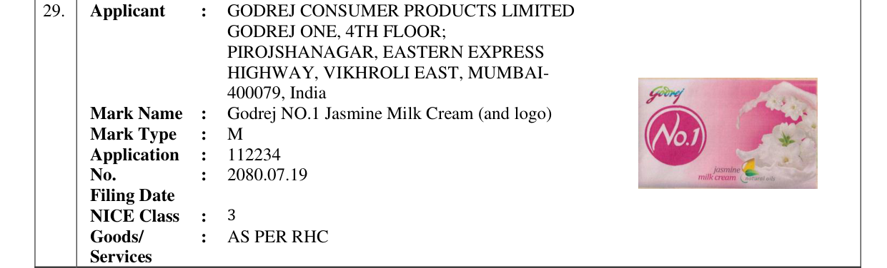 Original bulletin entry for Godrej NO.1 Jasmine Milk Cream (and logo)