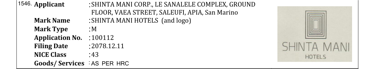 Original bulletin entry for SHINTA MANI HOTELS (and logo)