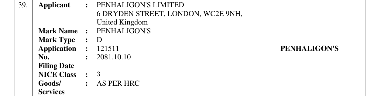 Original bulletin entry for PENHALIGON'S