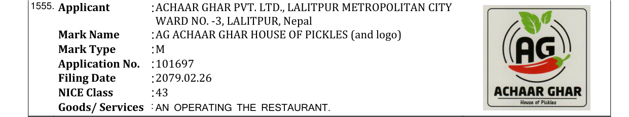Original bulletin entry for AG ACHAAR GHAR HOUSE OF PICKLES (and logo)