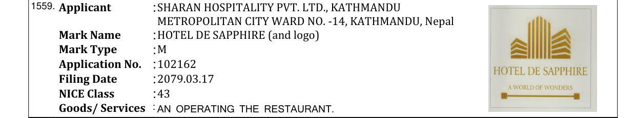 Original bulletin entry for HOTEL DE SAPPHIRE (and logo)