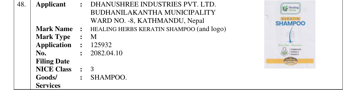 Original bulletin entry for HEALING HERBS KERATIN SHAMPOO (and logo)