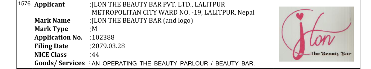 Original bulletin entry for JLON THE BEAUTY BAR (and logo)
