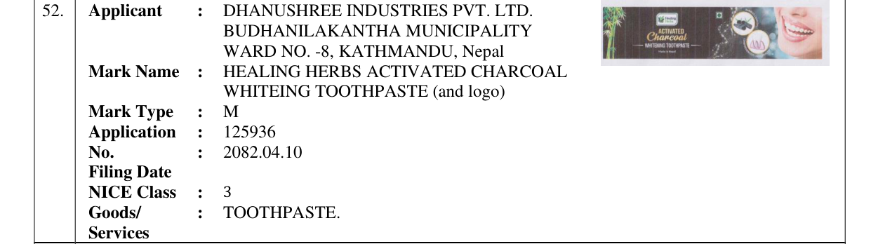 Original bulletin entry for HEALING HERBS ACTIVATED CHARCOAL WHITEING TOOTHPASTE (and logo)