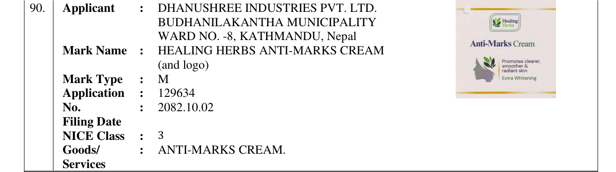 Original bulletin entry for HEALING HERBS ANTI-MARKS CREAM (and logo)
