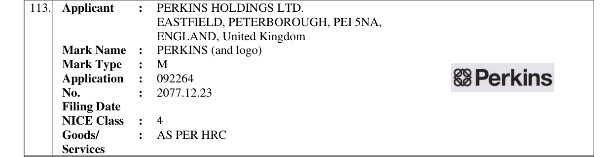 Original bulletin entry for PERKINS (and logo)