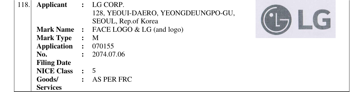 Original bulletin entry for FACE LOGO & LG (and logo)