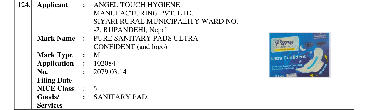 Original bulletin entry for PURE SANITARY PADS ULTRA CONFIDENT (and logo)