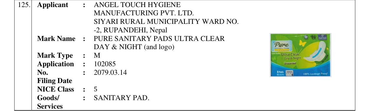 Original bulletin entry for PURE SANITARY PADS ULTRA CLEAR DAY & NIGHT (and logo)