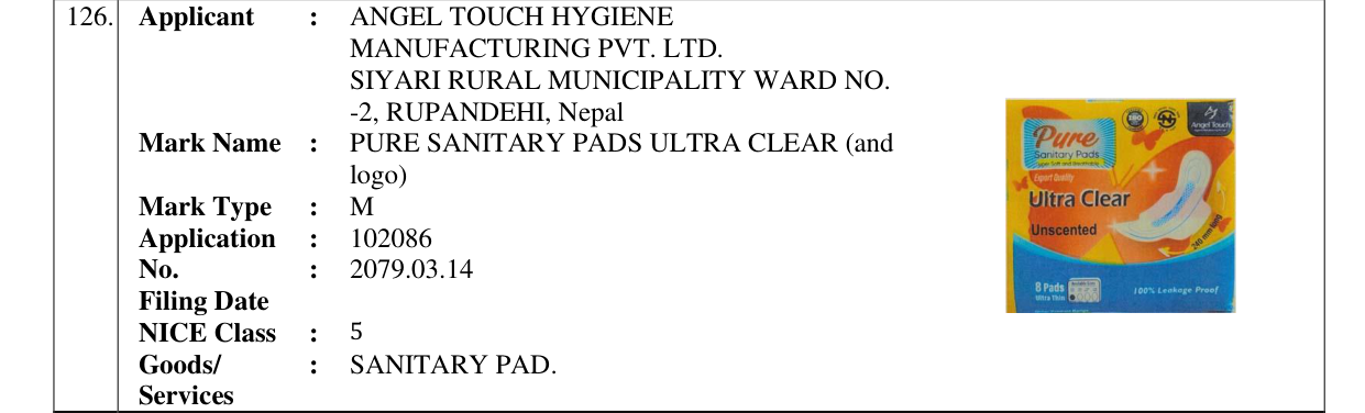 Original bulletin entry for PURE SANITARY PADS ULTRA CLEAR (and logo)