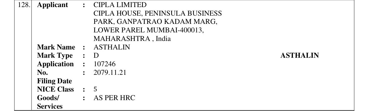 Original bulletin entry for ASTHALIN