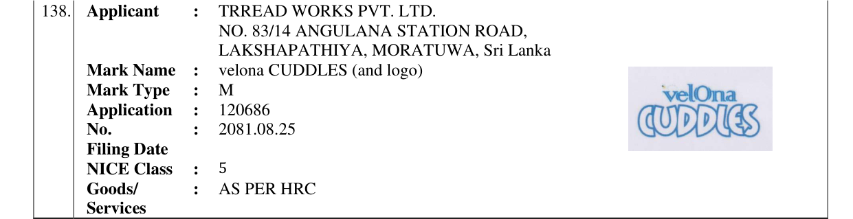 Original bulletin entry for velona CUDDLES (and logo)