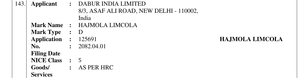 Original bulletin entry for HAJMOLA LIMCOLA