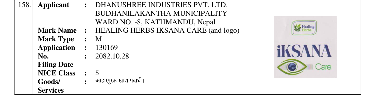 Original bulletin entry for HEALING HERBS IKSANA CARE (and logo)