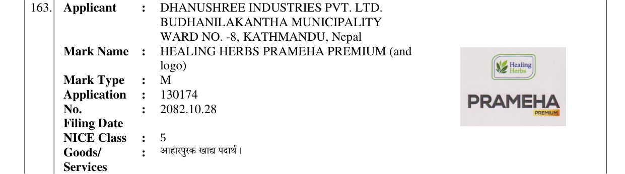Original bulletin entry for HEALING HERBS PRAMEHA PREMIUM (and logo)
