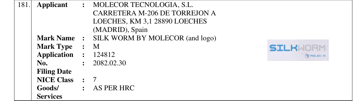 Original bulletin entry for SILK WORM BY MOLECOR (and logo)