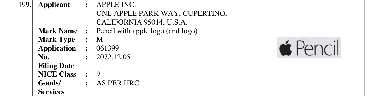 Original bulletin entry for Pencil with apple logo (and logo)