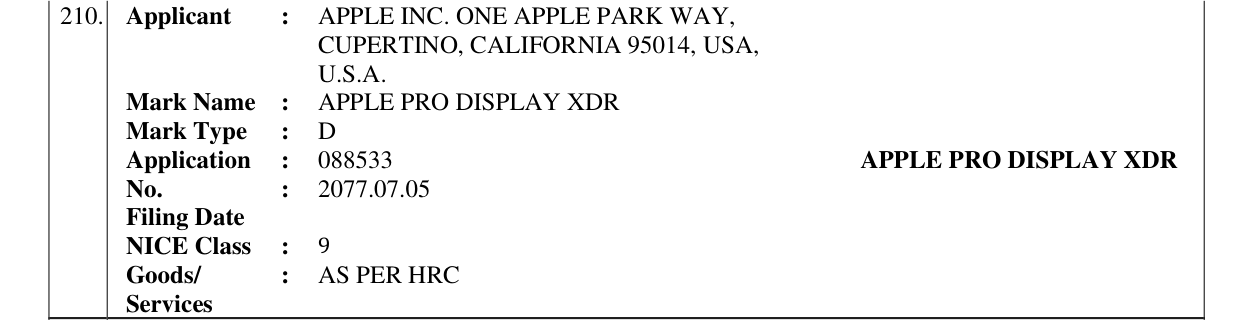 Original bulletin entry for APPLE PRO DISPLAY XDR