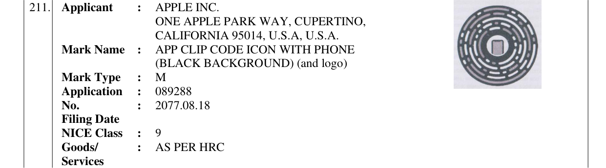 Original bulletin entry for APP CLIP CODE ICON WITH PHONE (BLACK BACKGROUND) (and logo)