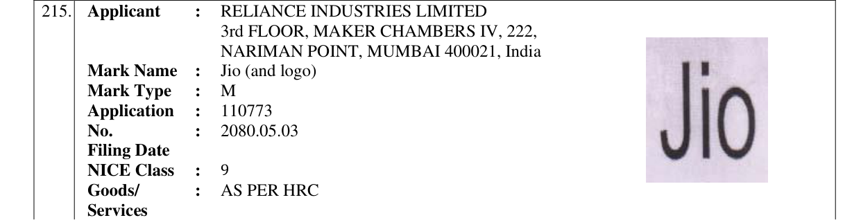Original bulletin entry for Jio (and logo)