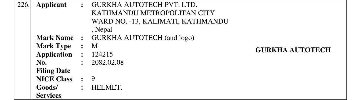 Original bulletin entry for GURKHA AUTOTECH (and logo)
