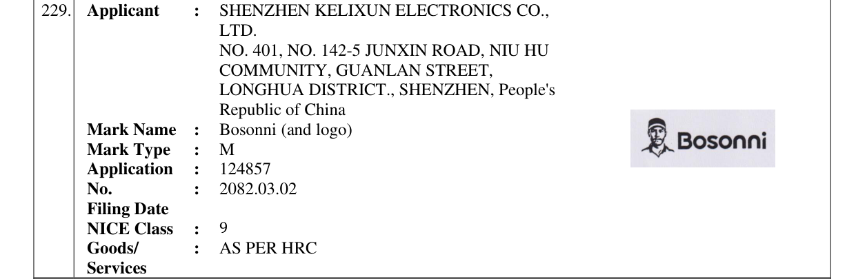 Original bulletin entry for Bosonni (and logo)