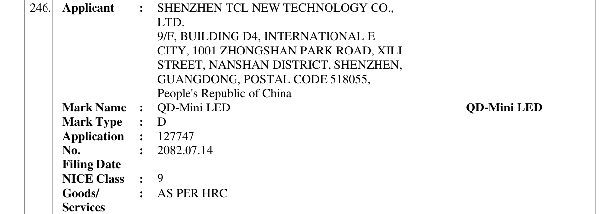 Original bulletin entry for QD-Mini LED QD-Mini LED