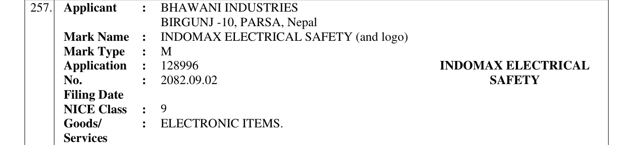 Original bulletin entry for INDOMAX ELECTRICAL SAFETY (and logo)