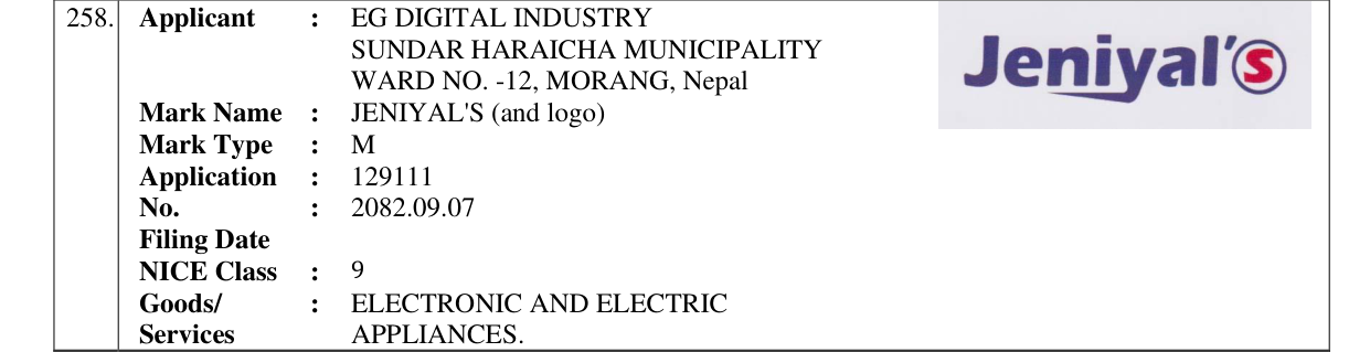 Original bulletin entry for JENIYAL'S (and logo)